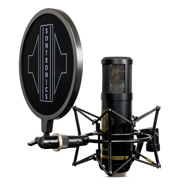 Image on white background of a large cylindrical Sontronics black STC-20 microphone sitting in its spider shockmount facing to the left with the black circular nylon-mesh popshield in front of it showing the large white Sontronics logo 