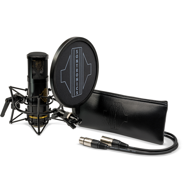 Image on white background of the contents of a Sontronics STC-20 Pack, from left to right, the STC-20 black microphone with gold lettering facing to the right and sitting in its spider shockmout with the popshield attachment in front of it showing the white Sontronics logo, the leather-style zip-up storage pouch and a black XLR cable with the two silver connectors pointing back towards the microphone