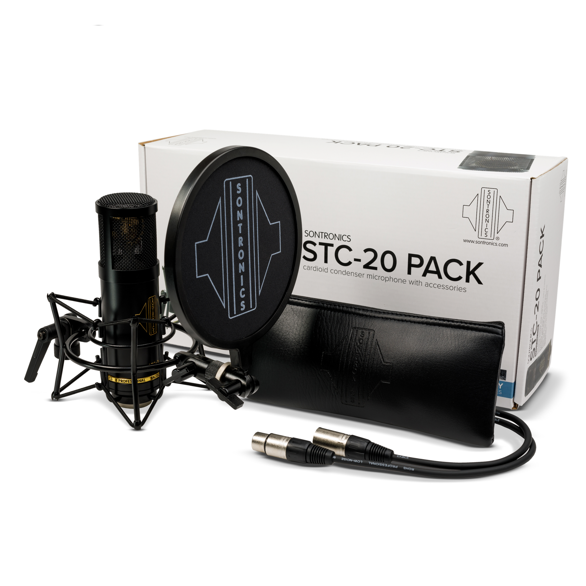 Image on white background of the contents of a Sontronics STC-20 Pack in front of its white box, from left to right, the STC-20 black microphone with gold lettering facing to the right and sitting in its spider shockmout with the popshield attachment in front of it showing the white Sontronics logo, the leather-style zip-up storage pouch and a black XLR cable with the two silver connectors pointing back towards the microphone