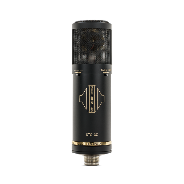 Image on white background of black Sontronics STC-3X microphone, large cylindrical in shape with gold logo and gold STC-3X lettering, the filter and pad switches above the logo and a gold ring around the base with black letters that read "Sontronics Professional Audio". At the top of the microphone is a mesh grille through which the circular capsule is visible inside