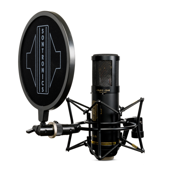 Image on white background of a large cylindrical Sontronics black STC-3X microphone sitting in its spider shockmount facing to the left with the black circular nylon-mesh popshield in front of it showing the large white Sontronics logo 