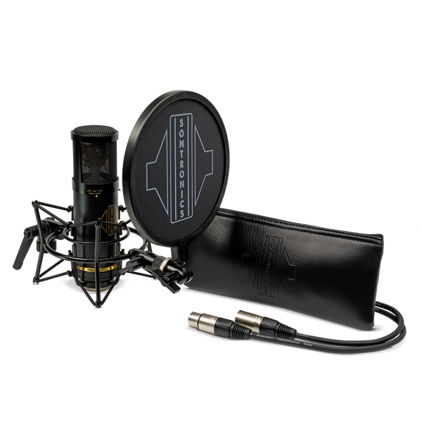Image on white background of the contents of the Sontronics STC-3X Pack, from left to right: the black STC-3X microphone with gold lettering facing to the right and sitting in its spider shockmount with the black nylon-mesh popshield with a large white Sontronics logo in front of it, the long rectangular leather-look zip-up pouch with the embossed Sontronics logo on the front of it, and coming from behind the pouch, the black XLR cable showing the two silver XLR connectors