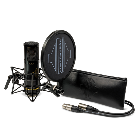 Image on white background of the contents of the Sontronics STC-3X Pack, from left to right: the black STC-3X microphone with gold lettering facing to the right and sitting in its spider shockmount with the black nylon-mesh popshield with a large white Sontronics logo in front of it, the long rectangular leather-look zip-up pouch with the embossed Sontronics logo on the front of it, and coming from behind the pouch, the black XLR cable showing the two silver XLR connectors