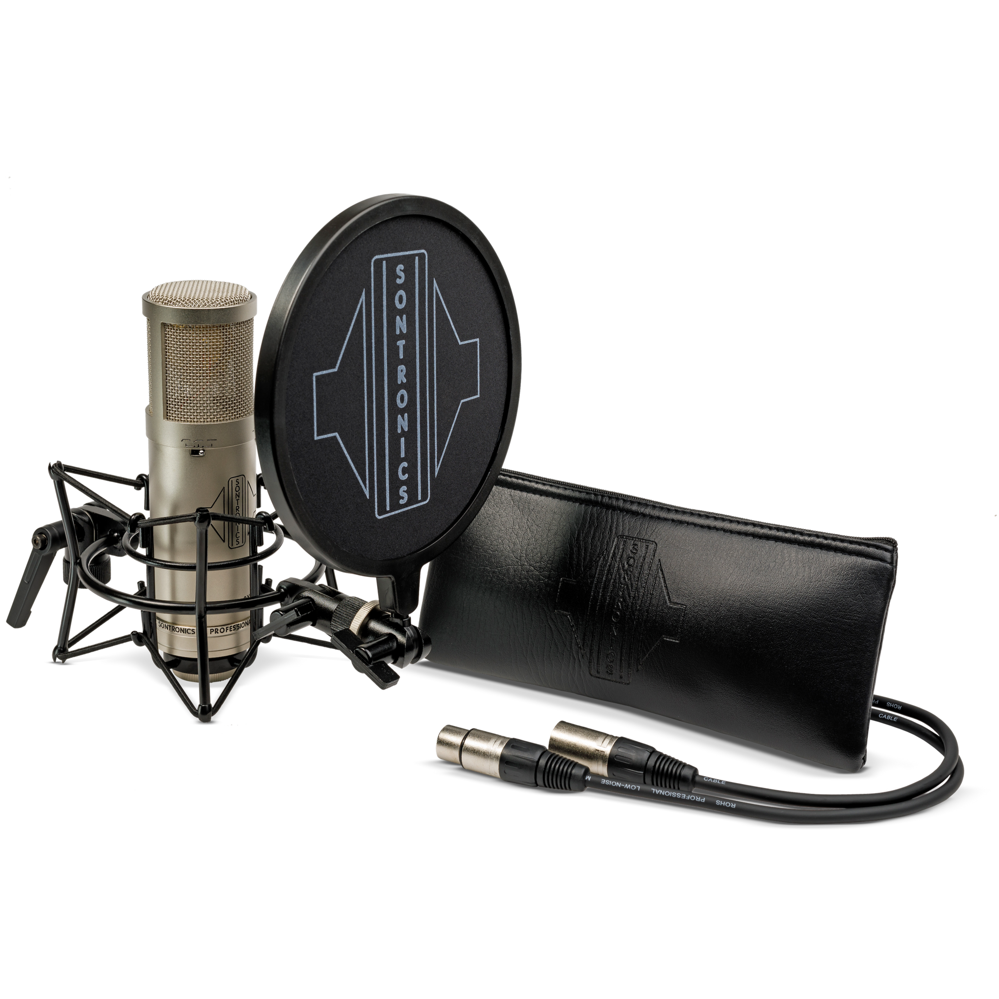 Image on white background of the contents of the Sontronics STC-3X Pack, from left to right: the silver STC-3X microphone with black lettering facing to the right and sitting in its spider shockmount with the black nylon-mesh popshield with a large white Sontronics logo in front of it; the long rectangular leather-look zip-up pouch with the embossed Sontronics logo on the front of it; and coming from behind the pouch, the black XLR cable showing the two silver XLR connectors