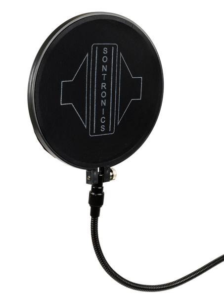 A close-up picture on white background of the Sontronics ST-POP popshield showing the black circular nylon-mesh pop filter head facing slightly to the right, connected to a flexible gooseneck that disappears off to the right of the picture