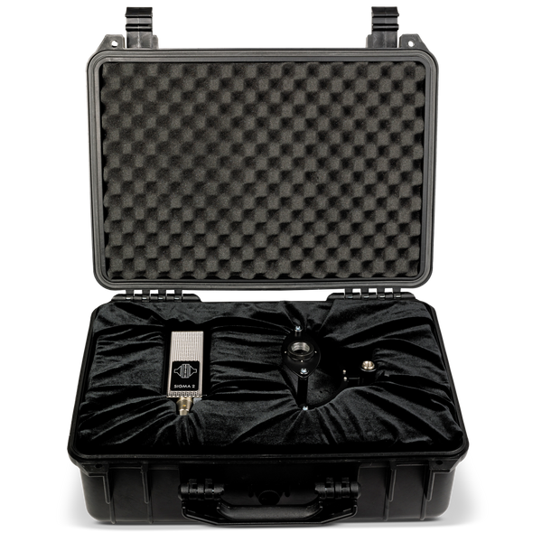Image on white background of an open black flightcase with eggbox style foam in the lid and a velvet-lined base in which sits a Sontronics Sigma 2 microphone to the left and its shockmount to the right