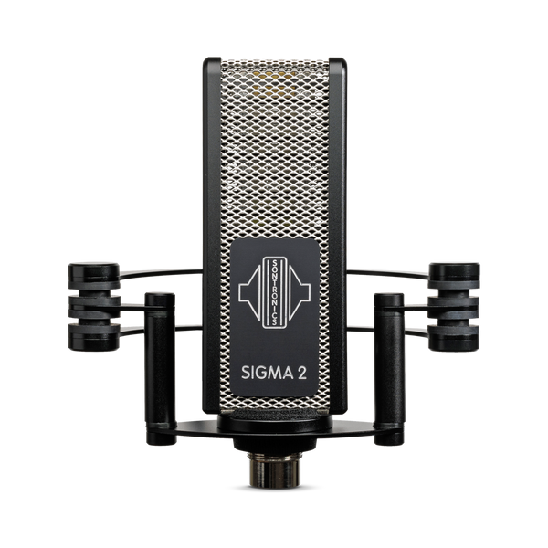 Image on white background of Sontronics Sigma 2 microphone facing forwards. The rectangular body with its silver mesh grille and black side panels has a black plate on the front, engraved with a silver logo and silver 'Sigma 2' name. The microphone sits in its shockmount with two side supports and rear arcs