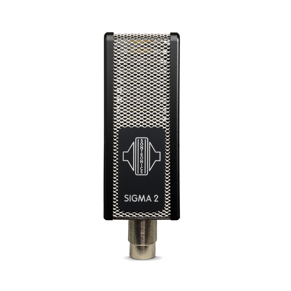 Image on white background of the front of a Sontronics Sigma 2 microphone out of its shockmount, showing the silver grille mesh and a black plate with silver engraved logo and the words 'Sigma 2'