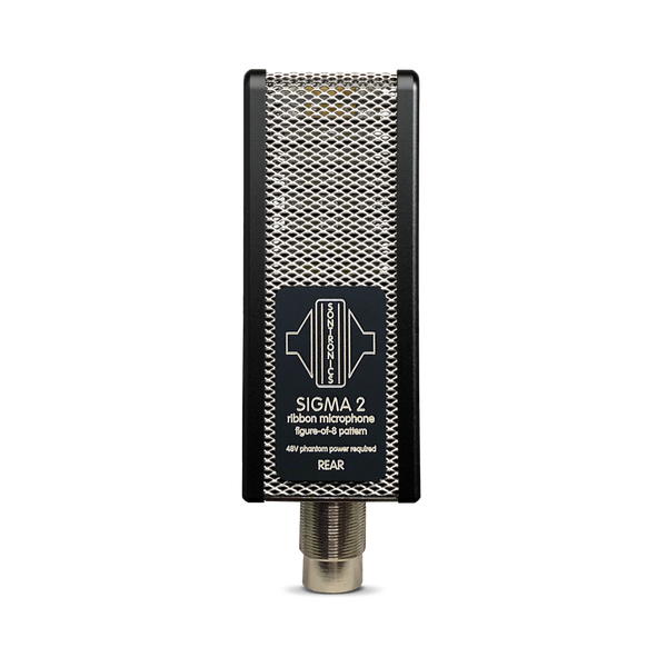 Image on white background of the rear of a Sontronics Sigma 2 microphone out of its shockmount, showing the silver grille mesh and a black plate with silver engraved logo and the words 'Sigma 2 ribbon microphone figure-of-8 pattern 48V phantom power required' and in capitals 'REAR'