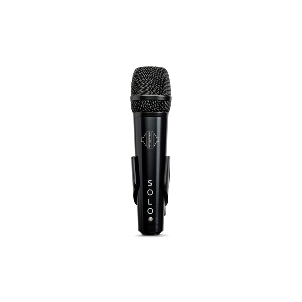 Image on white background of Sontronics Solo black dynamic microphone with shiny black body with the word Solo and the Sontronics logo engraved and the top black metal grille with the black band around it